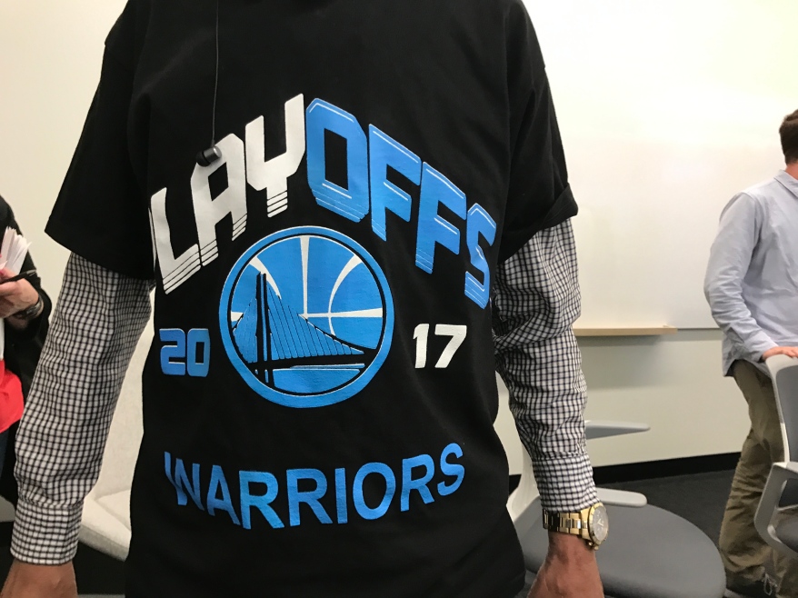 Cavs fan Del Seymour dons a Warriors shirt on Tuesday, June 13, 2017.